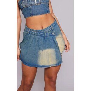 NWOT PrettyLittleThing Asymmetric Denim Micro Mini Skirt Indigo Vintage Wash Ple